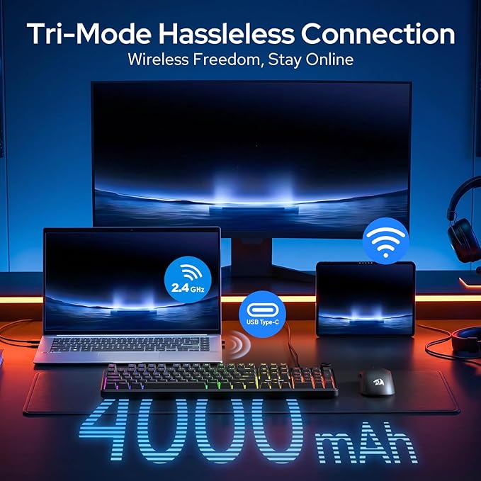Redragon K526 PRO Wireless RGB Membrane Gaming Keyboard, LED Screen & Knob | See Battery, Mode & Time at a Glance, 0-Delay Tri-Mode, One-Touch Backlit & Media Adjust, 26-Key Anti-Ghost for Combo-Strike