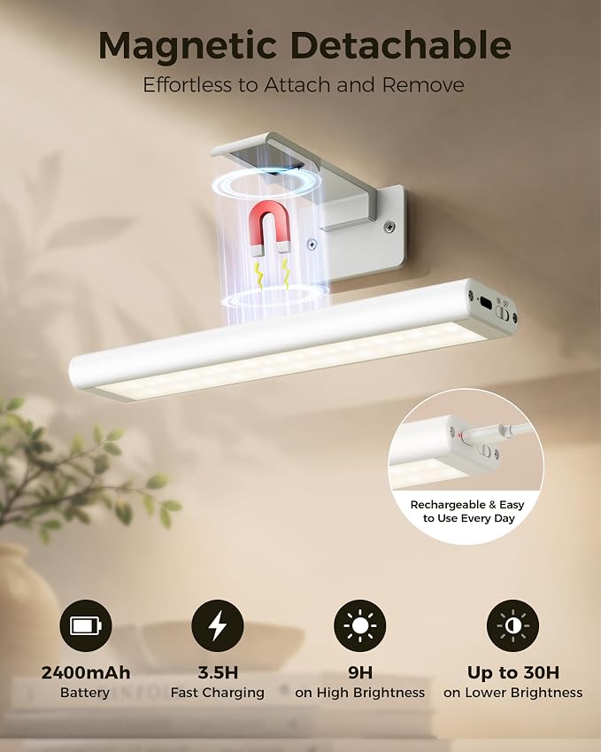 EZVALO Picture Light for Wall, Rechargeable 2400mAh Lights Wireless with IR Remote, 3 Color & Dimmable Magnetic 7.8'' LED Lights Display for Painting, Living Room, Gallery, Bedroom(White-3P)