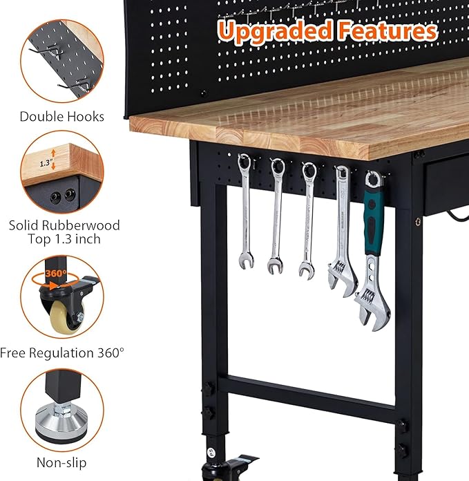 Workbench 60" x 22" Adjustable Height Worktable, Heavy Duty Rubber Wood Top, 2000 LBS Load Capacity, Tool Storage Workstation with Drawer, Pegboard, Power Outlets & Lockable Wheels, with Drawer Back
