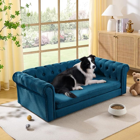 55" Elevated Dog Sofa Couch for Large and Oversized Dogs, Comfortable Linen Fabric Pet Bed with Thick Cushion, Durable Raised Dog Couch with Tufted Armrests, Stylish Modern Pet Furniture