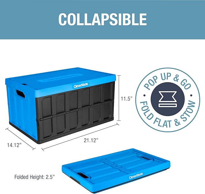 CleverMade Collapsible Storage Bins with Lids- Neptune Blue 3Pack 46L- Plastic Container Stackable Organization Crates Home Closet SpaceSaving Durable