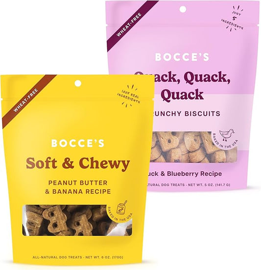 Bocce's Bakery PB & Banana Cookie + Quack Quack Quack Biscuit Dog Treat Bundle – Natural, Wheat-Free Biscuits and Soft & Chewy Cookies Made with Real Ingredients & Baked in The USA – 2 Pack Bundle
