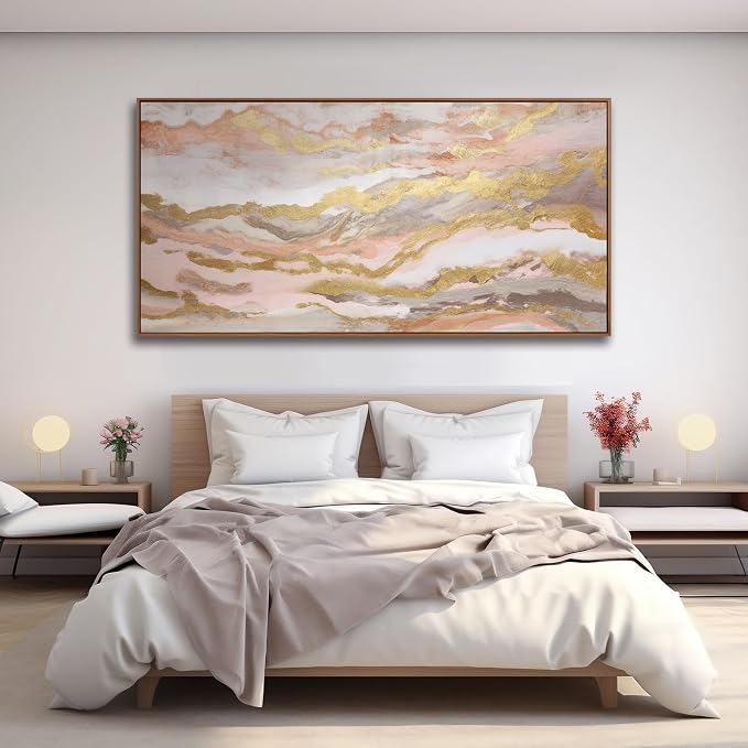 Abstract Pink Canvas Wall Art Framed Gold Abstract Line Artwork for Living Room Decor Canvas Art Bedroom Pictures Office Decoration for Wall 30x60in