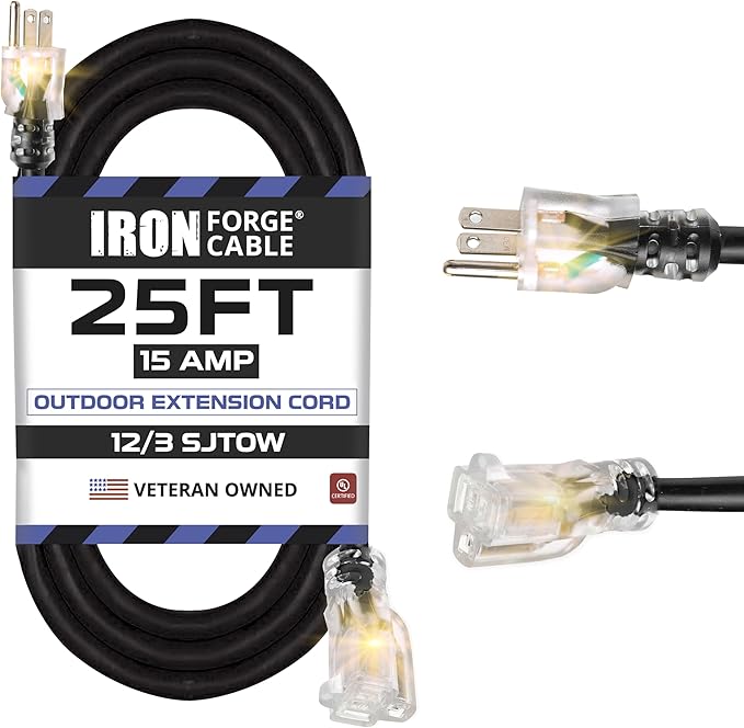 Iron Forge Cable 12 Gauge Outdoor Extension Cord 25 Ft, SJTOW 12/3 Heavy Duty Extension Cord 3 Prong, Oil Resistant & Flame Retardant - Lighted End
