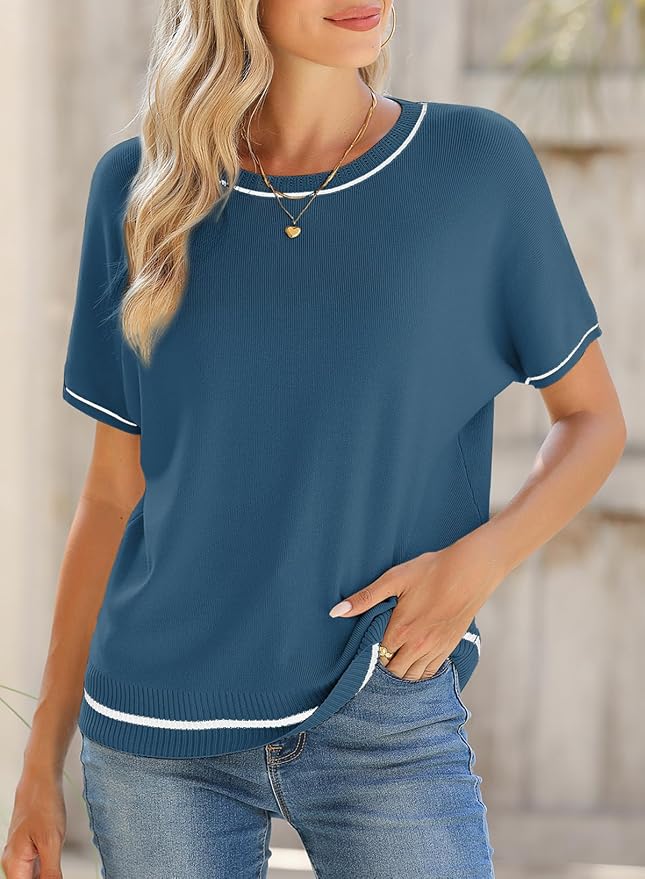 SHEWIN Womens Tops Trendy Short Sleeve Shirts Crewneck Lightweight Knit Sweater Top Business Casual Outfits