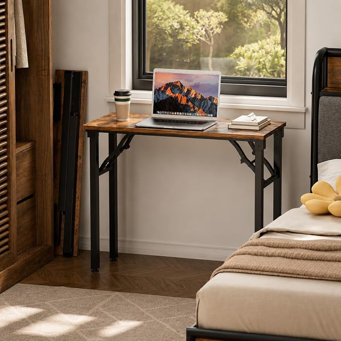 Folding Table Computer Desk - 35.8" No Assembly Folding Desk Design and Foldable Office Desk, Small Desk for Bedroom, Compact Storage Portable Use for Dorm and RV Small Space, Rustic Brown
