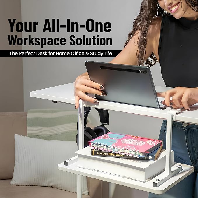 Small Rolling Desk with Wheels, Adjustable Height 27"-43.3" Portable Standing Desk, 31.5"x15.7" Tabletop, Mobile Laptop Computer Table for Home Office Workstation, White
