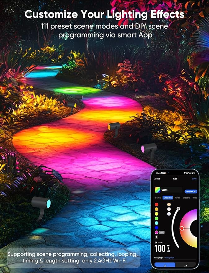 APPECK Smart Landscape Lighting Kit 24W, 4 Pack Outdoor Spot Lights RGBCW | Color Changing Landscape Lights, IP65 Waterproof, 2700-6500K, for Garden Pathway Yard, Daily Holiday Decor, Alexa Compatible