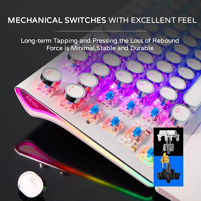 RK ROYAL KLUDGE S108 Typewriter Gaming Keyboard, Retro RGB Mechanical Keyboard, Full Size Wired Keyboards with Number Pad and Detachable Wrist Rest, Round Keycaps, Clicky Blue Switches White