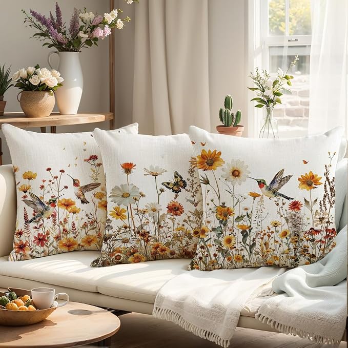 wyooxoo Spring Pillow Covers 18x18 Set of 4 Farmhouse Summer Throw Pillow Covers Floral Decorative Cushion Cases for Sofa Couch Outdoor Bedroom