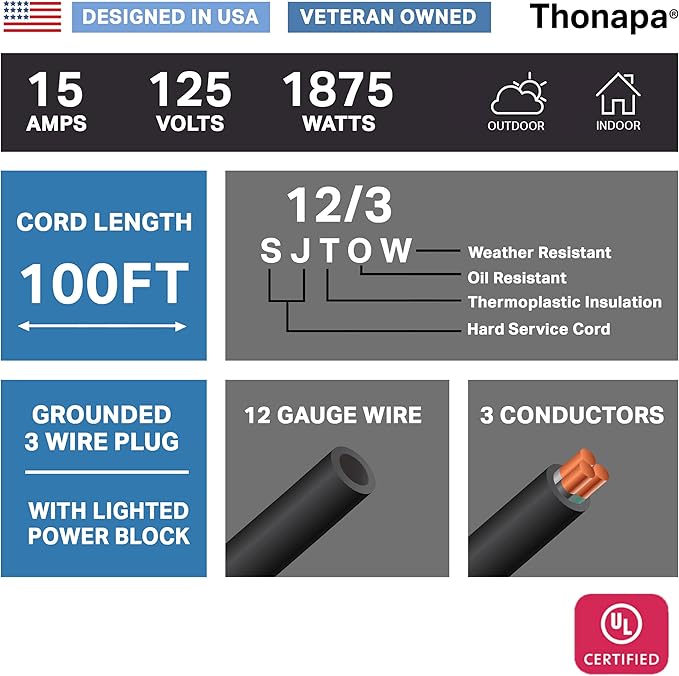 Thonapa 12/3 Black Oil Resistant Extension Cord 100 ft, SJTOW 12 Gauge Heavy Duty Extension Cord with 3 Prong, Black Electrical Cable Great for Farm, Ranch, Workshop - 15 AMP, US Veteran Owned Brand