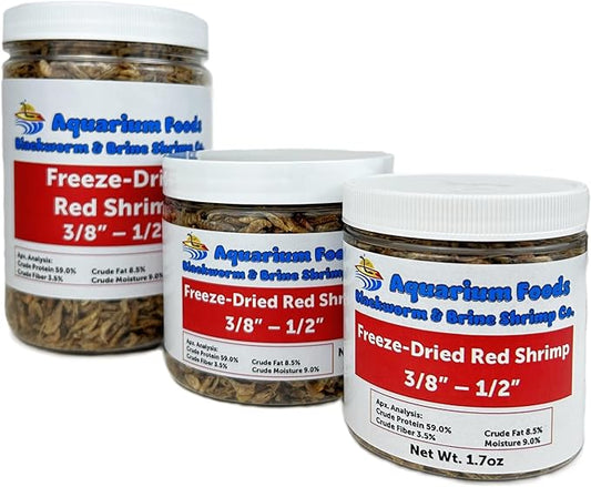 Aquatic Foods Inc. Red River Shrimp - Freeze-Dried 3/8" to 1/2" Red River Shrimp for Cichlids, Koi & Pond Fish, Aquatic Turtles, All Community Tropical Fish, Reptiles, Rodents…2.8oz Med Round Jar