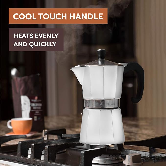 Bellemain Stovetop Espresso Maker, Italian Moka Pot, 9-Cup White | Classic aluminum design brews rich espresso at home or camping, with an easy-to-use and easy-to-clean design.