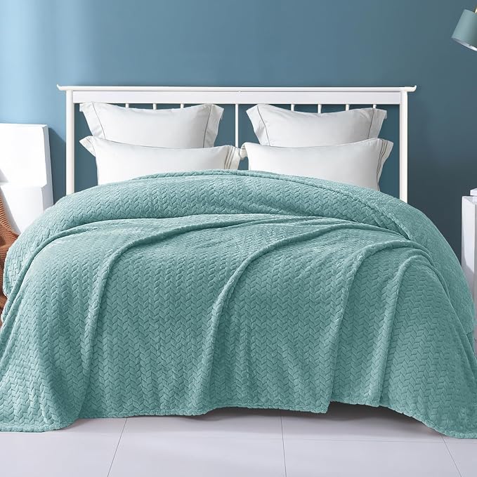Exclusivo Mezcla Soft Fleece Bed Blanket Queen Size, 90”x90”, Celadon | Cozy Fluffy Lightweight Blankets for Summer, Decorative Plush Flannel Throws for Living room, Bedroom with Leaves Pattern
