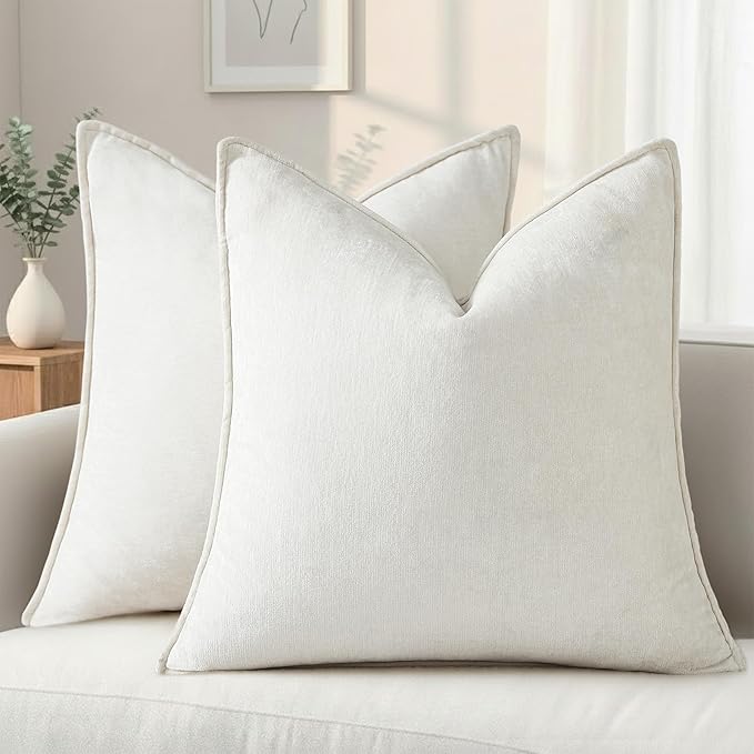 decorUhome Chenille Cream White Velvet Throw Pillow Covers 18x18 Set of 2 | Fall Soft Couch Decorative Modern Farmhouse Pillow Cases with Elegant Design for Sofa Bed Living Room Home Decor