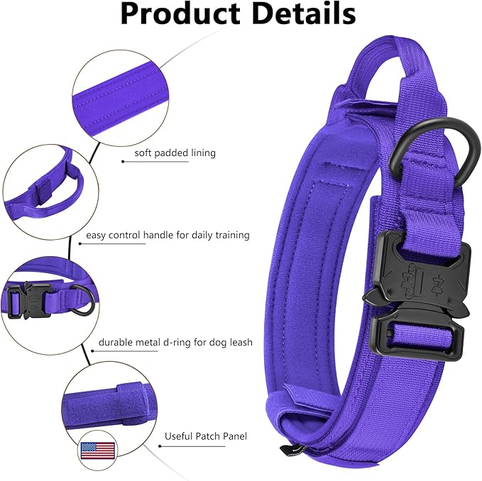 DAGANXI Tactical Dog Collar, Adjustable Military Training Nylon Dog Collar with Control Handle and Heavy Metal Buckle for Medium and Large Dogs, with Patches and Airtags Case (Purple-Set, XL)