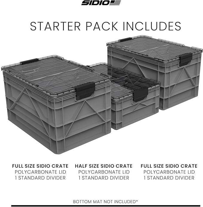 SIDIO CRATE Starter Pack - Two Full Size and One Half Size SidioCrate, Stackable Outdoor Organizer Storage Bins with Clear Lid and Dividers - Gray