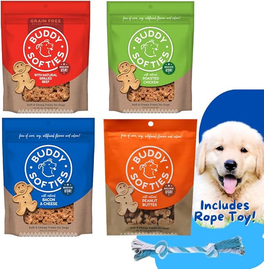 Buddy Biscuits Dog Treats Variety Pack - 6oz Softies Includes Chicken, Bacon & Cheese, Peanut Butter & 5oz Grain Free Grilled Beef - With Dog Toy Rope