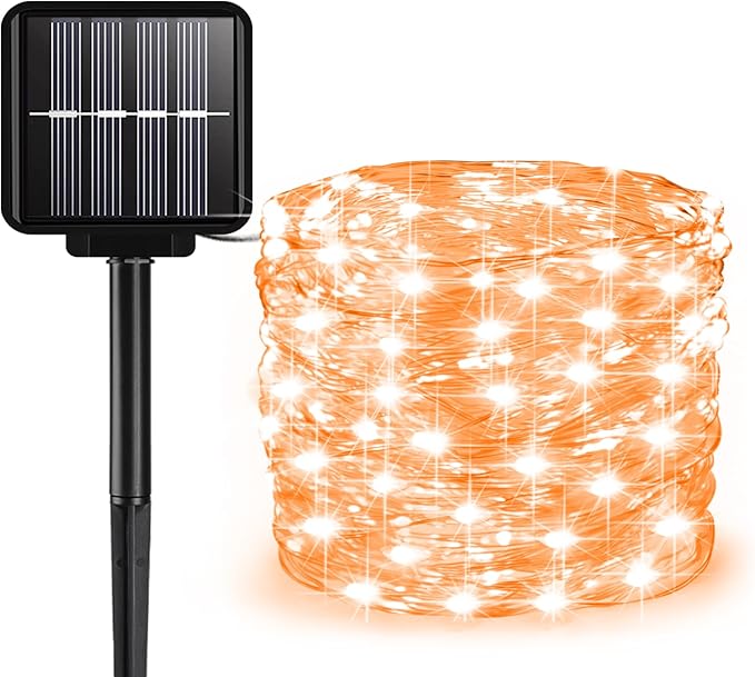 Solar String Lights Outdoor, 33 Feet 100 LEDs 8 Modes Solar Fairy Lights for Outside, Waterproof Outdoor Light for Patio Yard Christmas Tree Halloween Wedding Party Decorations, Orange