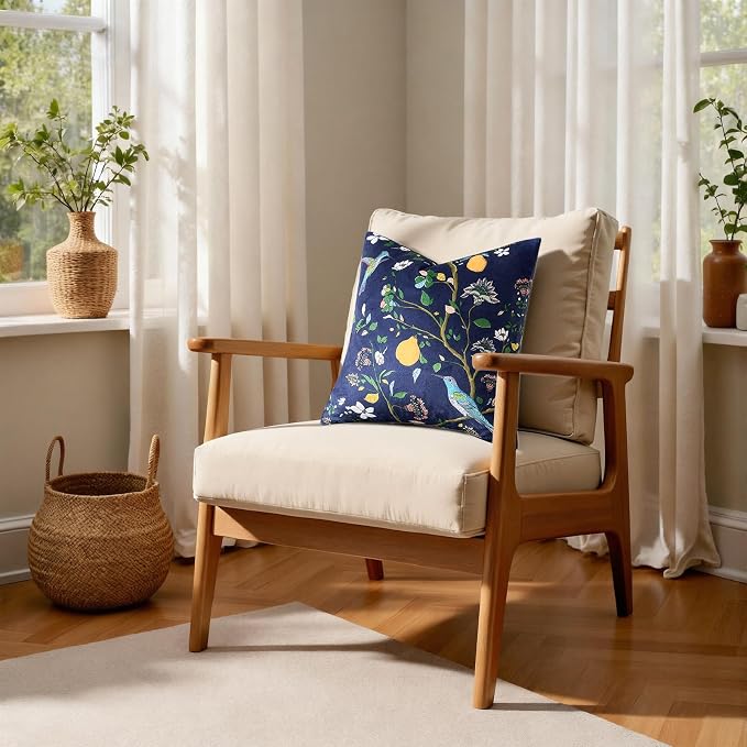 MUSSEL Navy Blue Velvet Floral Decorative 16x16 Pillow Covers Set of 2 | Soft Durable and Sturdy,Bird Plant,Throw Pillows Case,Square,Colorful Modern Cushion Covers,Home Sofa Bed Couch Decor