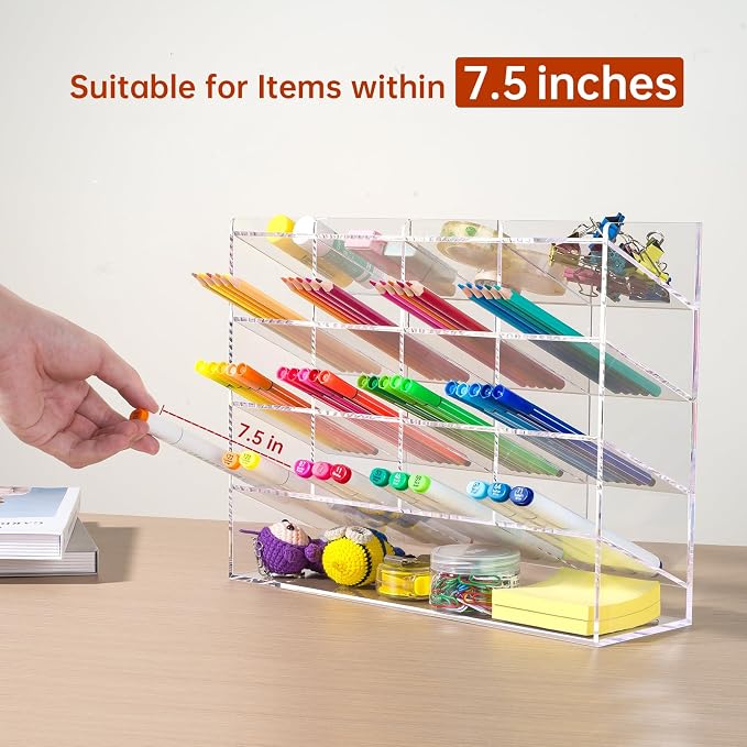 BEYGORM Acrylic Vertical Marker Organizer for 200 Markers, Desk Orgaizer | 17 Compartments Clear Angled Pen & Pencil Holder, Large Stationery & Art Supply Storage for School (13 x 10.2 x 4 Inch)