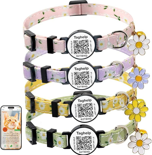 4 PCS Cute Flower Cat Collar with QR Code ID, 4-Pack Safety Breakaway Kitten Collars Set with Bell, Adjustable Gift for Cat Lovers