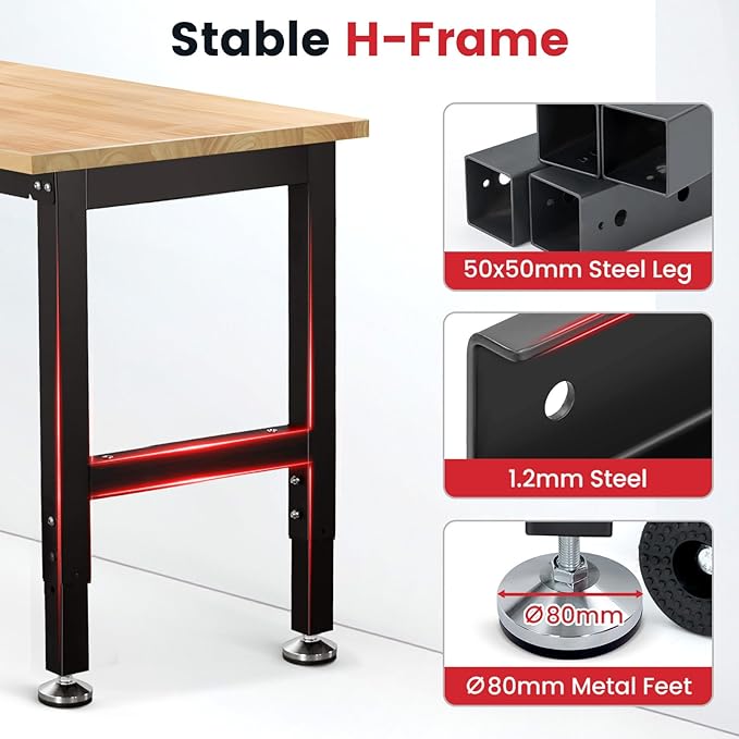 ENJOYWOOD 60" x 22" Heavy Duty Workbench Adjustable Height Garage Work Table with Solid Rubberwood Top for Workshop, Home & Office