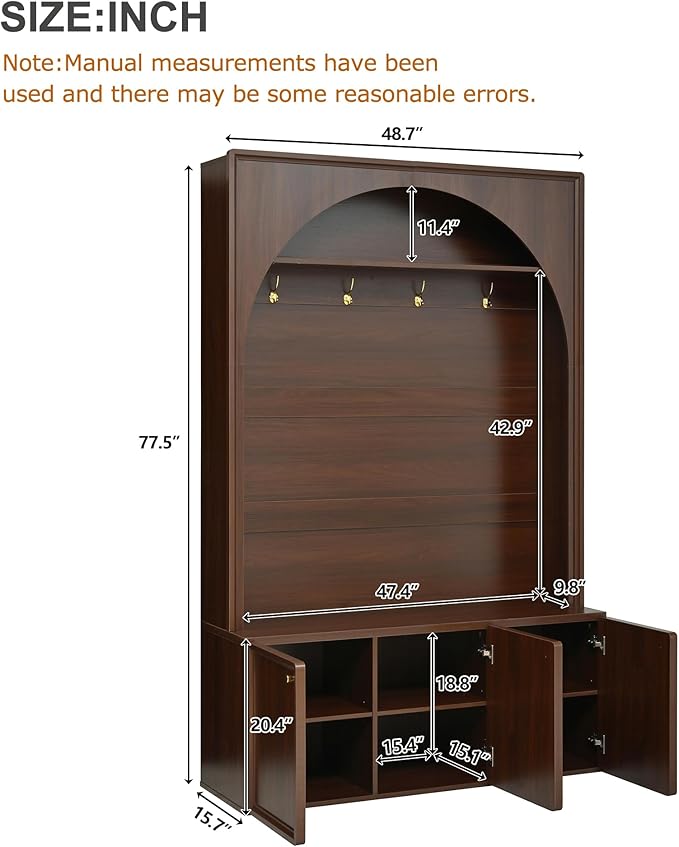 LUMISOL Farmhouse Hall Tree with Storage Bench, Arched Design Coat Rack with 4 Golden Hooks and Adjustable Shelves, Entryway Bench with 3 Cabinets, Retro Hall Cabinet for Living Room, Walnut