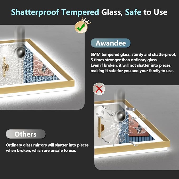 55x36 Gold Beveled LED Bathroom Mirror with Lights, Brushed Gold Framed Backlit and Front Lit Anti-Fog Lighted Vanity Mirrors for Bathroom Wall, Dimmable, 3 Colors, Memory, HD Tempered Glass