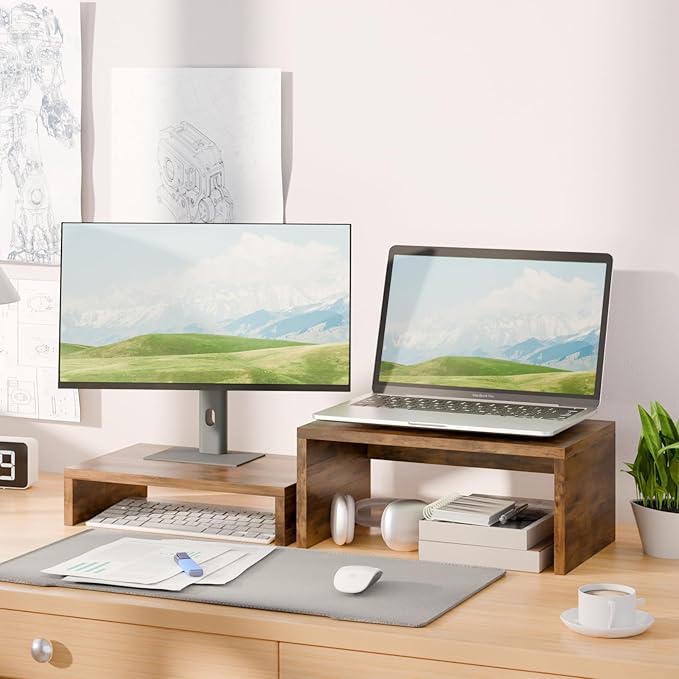 TEAMIX 6.7 inch Tall Monitor Stand Riser, Wood Shelf Riser, Desk Organizer | Laptop/Printer/Computer Stand, Extra Storage Underneath,Hold 80 Lbs, Rustic Design, Smooth Espresso Finish, for Home Office