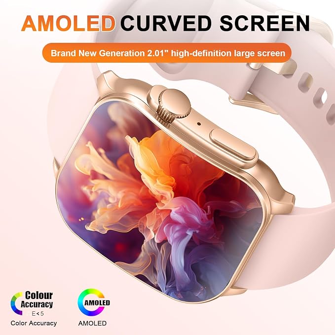 Smart Watch for Women, 2.01" AMOLED Curved HD Screen Smart Watch, Fitness Tracker with 24/7 Heart Rate/Sleep Monitor, IP68 Waterproof Running Watch,Compatible with iOS & Android for Daily Workout Pink