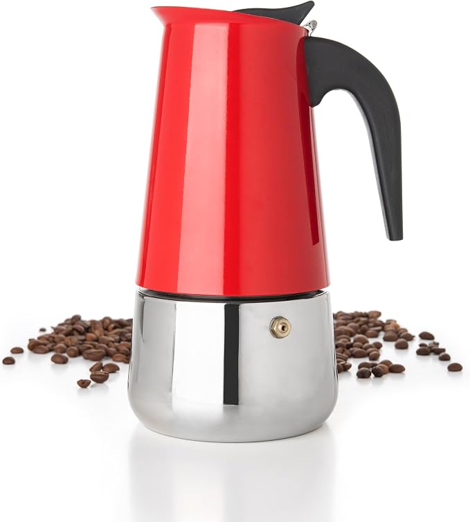 Mixpresso 6 Cup Greca Moka Pot Red Stainless Steel Stovetop Espresso Maker | 300ml/10oz Italian stovetop coffee maker with classic percolator design, ideal for preparing coffee at home or while camping