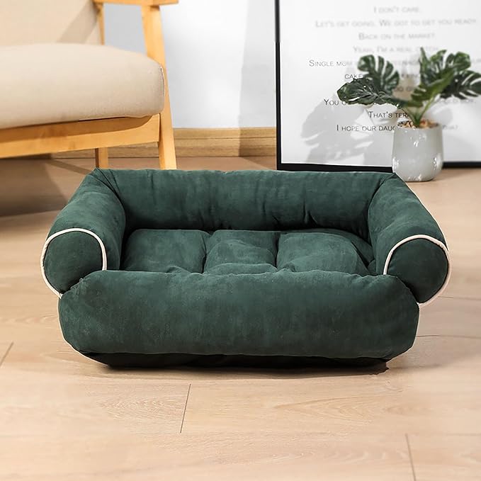 Suede Sofa Dog Bed, Multiple Sizes Orthopedic Memory Foam Mattress, Durable and Calming, Washable Dog Bed with Anti-Slip Bottom S Green