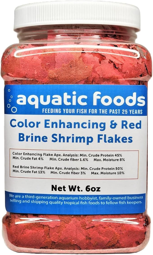 Aquatic Foods Inc. Ultra Color Enhancing Flakes & Red Brine Shrimp Flakes Special Blend Mix. Red Color Enhancing Flakes. Aquatic Foods and Zeigler Foods Mix…6oz Med Jar