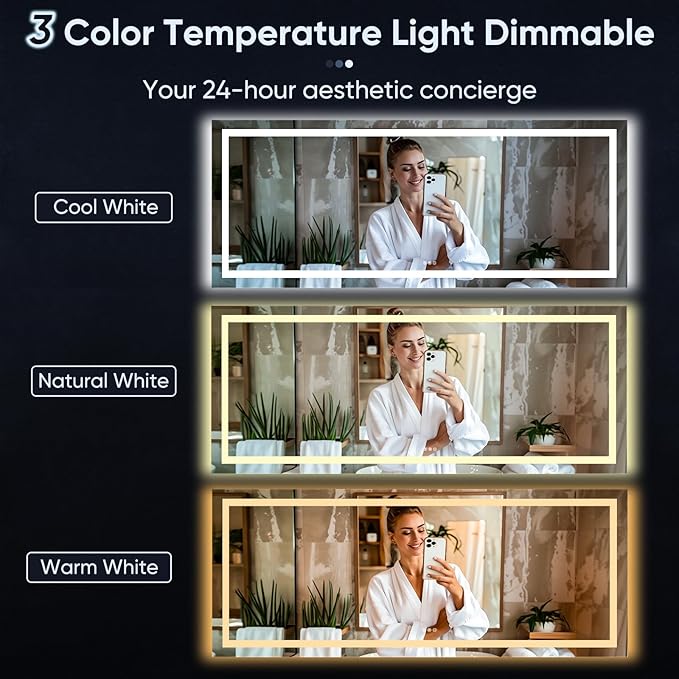 LED Bathroom Mirror, 60"x28" with Frontlit and Backlit Anti-Fog Mirror with Lights LED Vanity Mirror for Bathroom 3 Colors Temperature & Dimmable Bathroom Mirror with HD Tempered Glass
