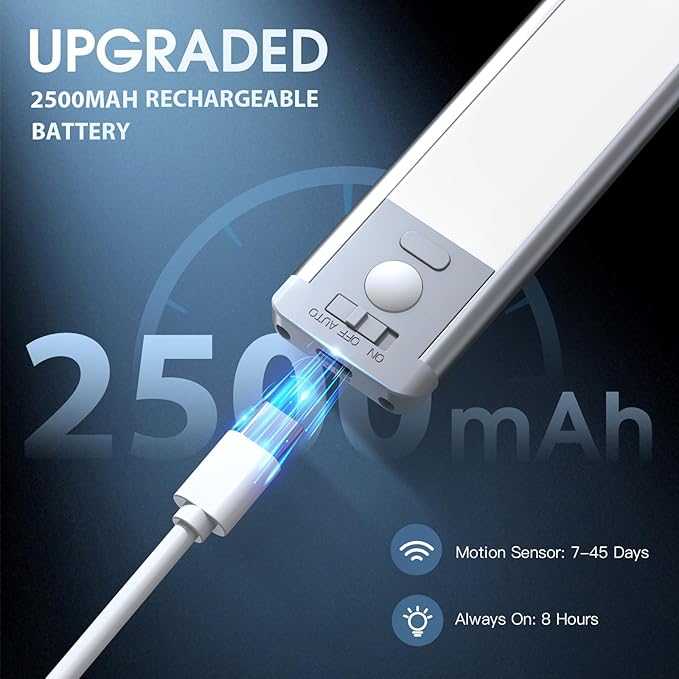 Under Cabinet Light, 63 LED Rechargeable Battery Operated Motion Sensor Light Indoor, Magnetic Dimmable Closet Light, Wireless Under Counter Lights for Kitchen, One Light, Warm White Light