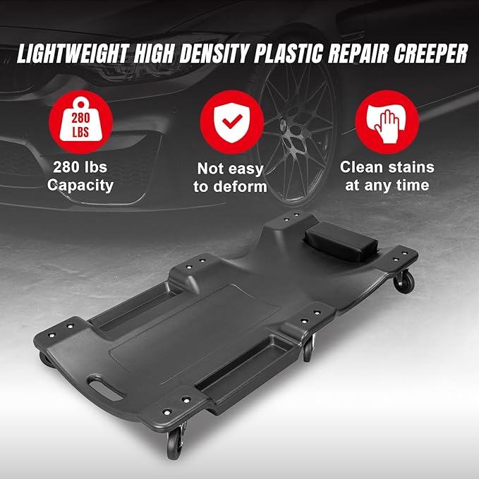Big RED ATRP6240BR-1 Blow Molded Plastic Rolling Garage/Shop Creeper: 40" Mechanic Cart with Padded Headrest and 6 Casters, 250 LBS, Black