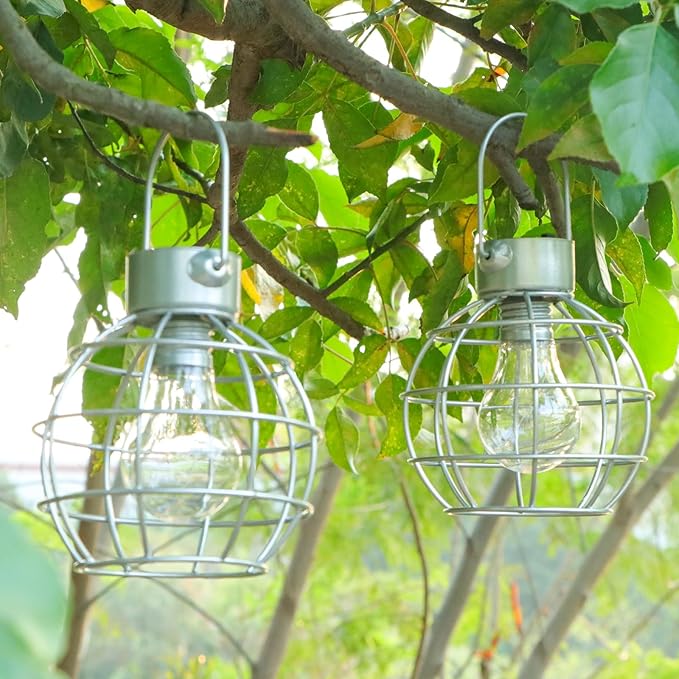 2 Pack Solar Lanterns Outdoor Hanging Lights, Metal Solar Lantern Outdoor Waterproof Auto On/Off Solar Light for Patio Backyard Pathway Porch, Silver