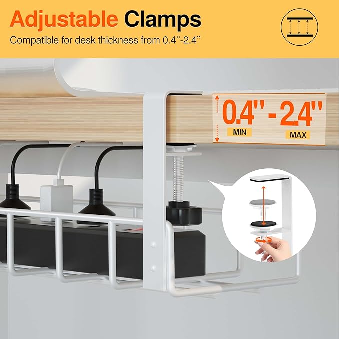 2 Pack Under Desk Tray, 31.4" No Drill Wire Management with Upgraded Clamp, Metal Cord Organizers for Desk, PC Cable Rack, White