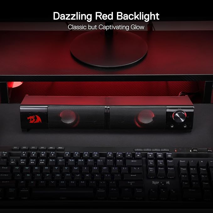 Redragon GS550 PC Gaming Speakers 2.0 Channel Stereo Enhanced Sound, Black | Compact Maneuverable Size, Headphone Jack, Decent Red Backlight, Plug & Play USB Powered Desktop Computer Speaker