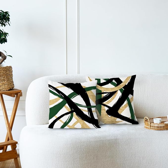 Black Gold and Green Pillow Covers, Abstract Black and Gold Pillow Covers 22x22 Set of 2, Modern Boho Decorative Throw Pillows Cover for Couch Bed Living Room