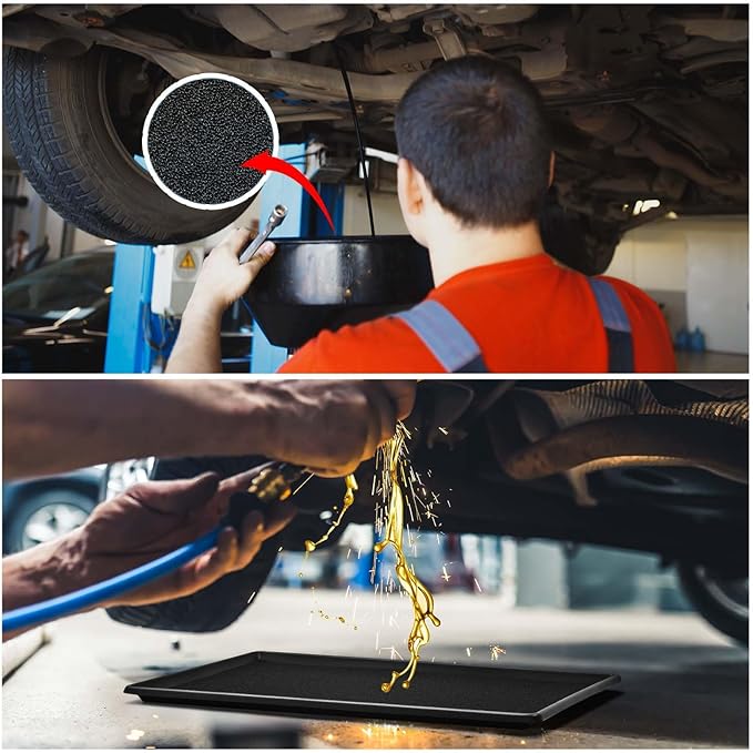 Uiifan 2 Sets Oil Catch Pan with Anti-Splash Pad, 35 x 24 x 1.4 Inch Large Heavy Duty Oil Drain Pan for Under Car, Chemical & Heat Resistant Drip Tray for SUV Truck Garage Protection