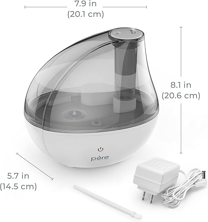 Pure Enrichment MistAire Silver Ultrasonic Cool Mist Humidifier for Bedroom, Office, Nursery & Indoor Plants - Lasts Up to 25 Hours, Whisper-Quiet Operation, Optional Night Light, & Auto Shut-Off