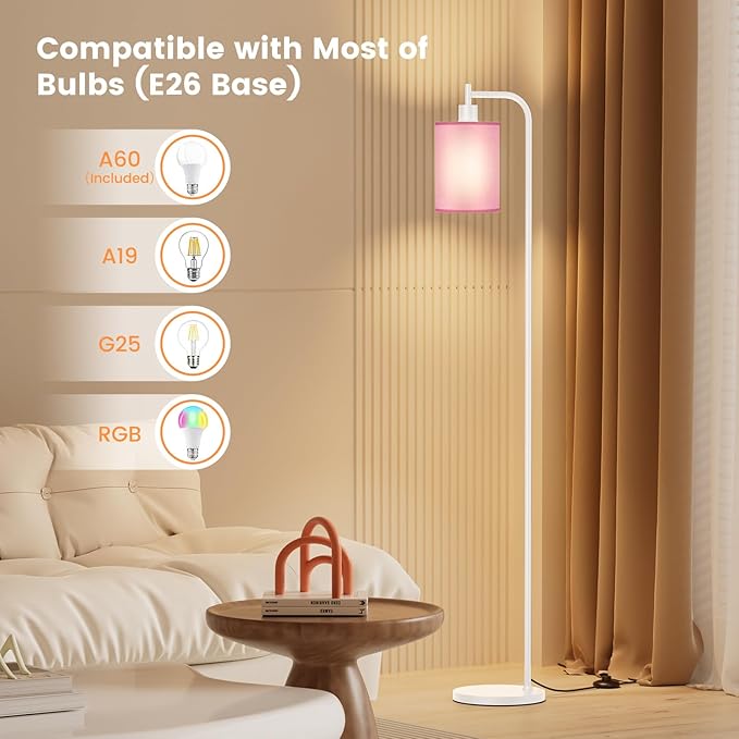 Floor Lamp with Linen Shade, Dimmable Tall Standing Lamp with Remote Control & 3 Color Temperatures, Modern Floor Lamps for Living Room Bedroom Office Corner, 9W LED Bulb Included