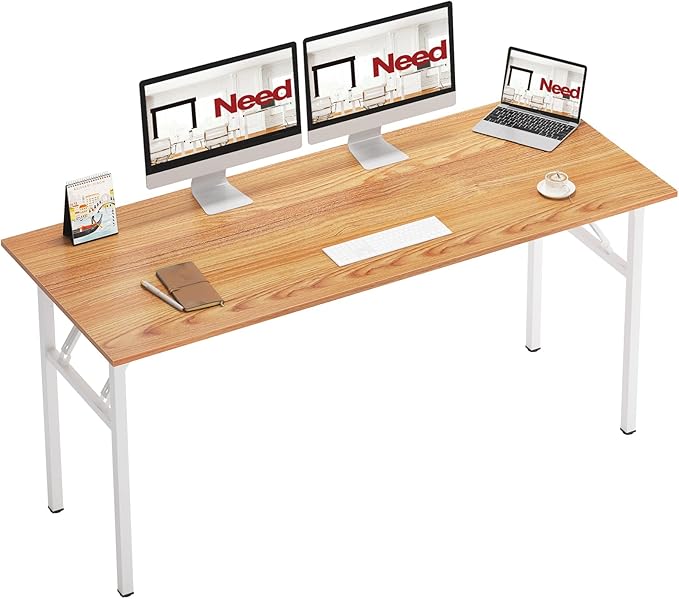Need Home Office Desk - 62 Inches Large Computer Desk Sturdy Black Table Foldable Desk Gaming Computer Table No Assembly Required Teak&White AC5BW(157.5 * 60) | White Frame Writing Gaming Work Table/Foldable Home Office Desk/Sewing Table, No Assembly R...