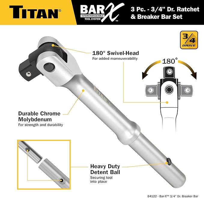 Titan Bar-X 64143 3-Piece 3/4-Inch Drive Interchangeable Ratchet and Breaker Bar Set