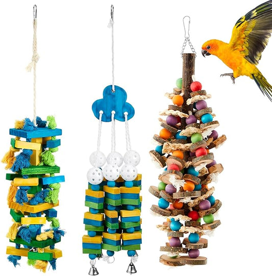 3 Pcs Extra Large Bird Parrot Toy Multicolored Natural Wooden Parrot Cage Chewing Toys for Large Medium Macaws Cockatoos African Grey Birds (Blue Block)