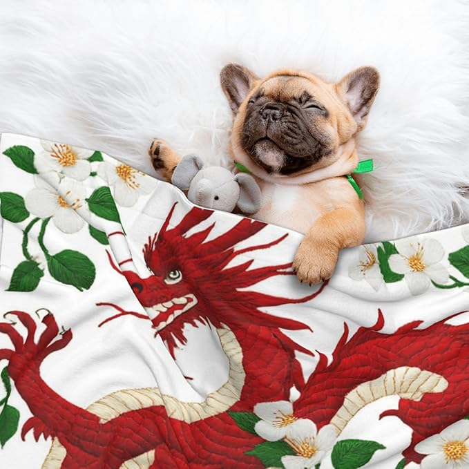 Reversible Dog Blanket for Beds Couches, Floral Chinese Japanese Dragon Flower, Double Sided Cat Blanket with Textured Dot Feel and Smooth Feel for Seasonal Comfort All Year