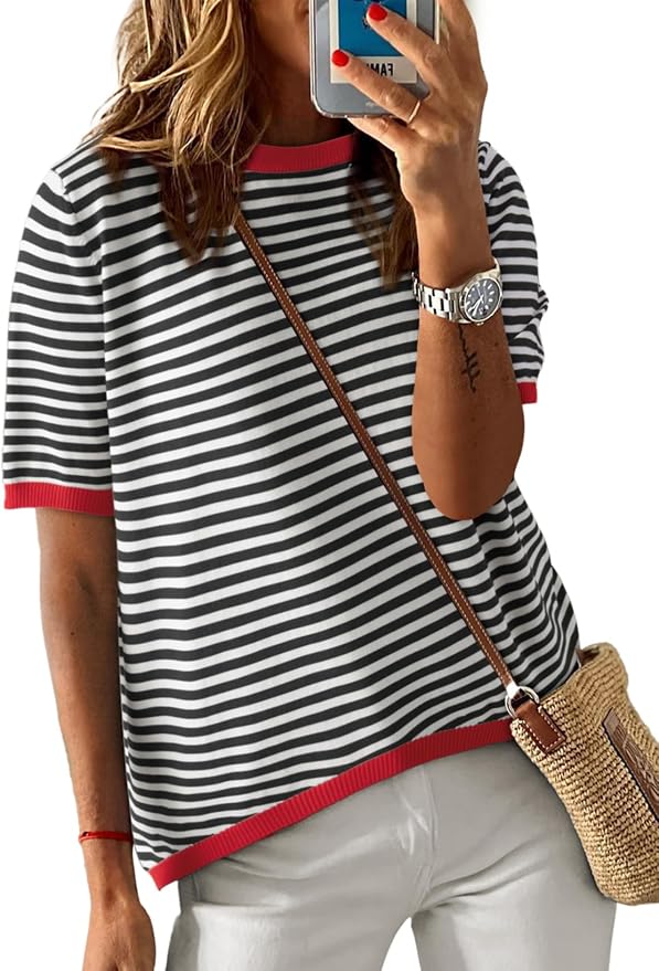 Dokotoo Womens Tops 2026 Casual Summer Crewneck Short Sleeve Striped Color Block Knit High Low Trendy Pullover Sweaters