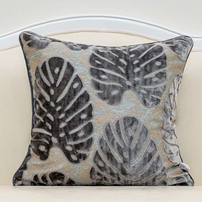 Alerfa 18 x 18 Inch Square Leaf Pillow Embroidery Cut Velvet Cushion Case Luxury Modern Lumbar Throw Pillow Cover Decorative Pillow for Couch Sofa Living Room Bedroom Car, Gray Silver